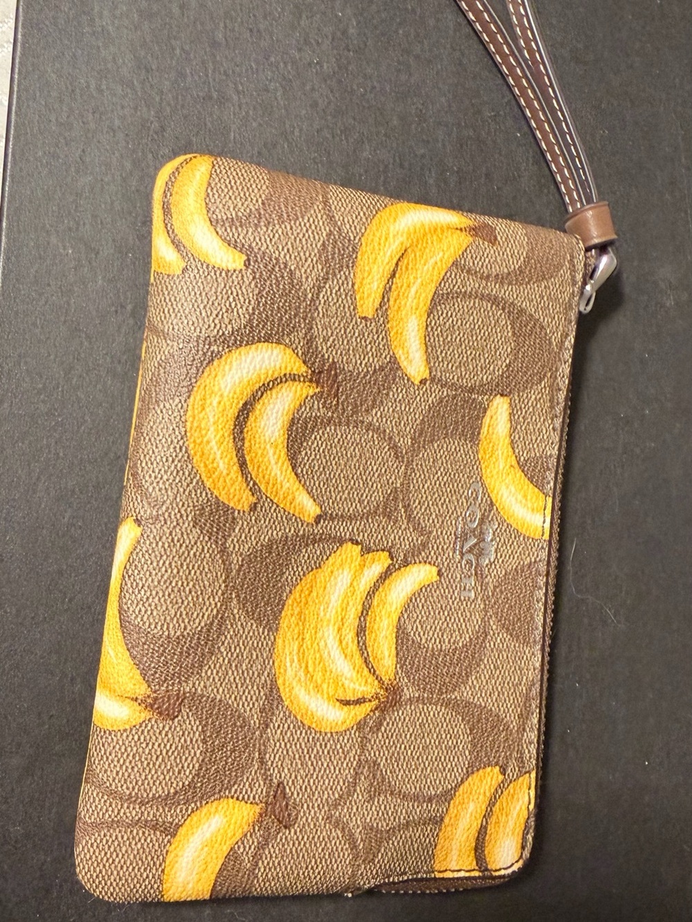 Coach Brown Wristlet with Yellow Banana Print